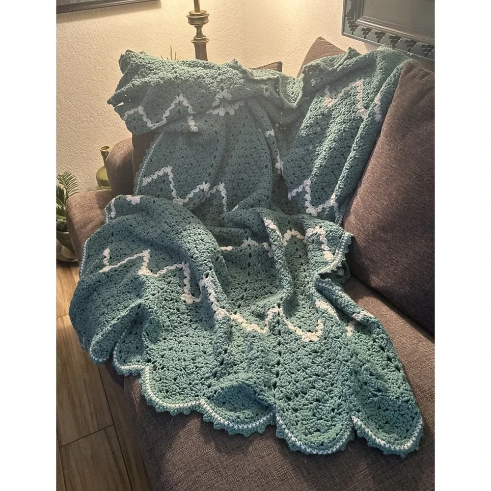 Hand Crocheted seafoam Green Afghan Ruffle 50